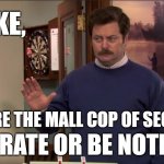 SC Swanson | DRAKE, YOU ARE THE MALL COP OF SECURITY; BE PIRATE OR BE NOTHING! | image tagged in ron swanson stop | made w/ Imgflip meme maker