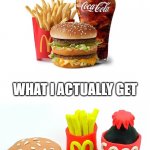 fast food | WHAT I THINK IM ORDERING; WHAT I ACTUALLY GET | image tagged in mcdonalds,fast food,hamburgers,gmos,monsanto,nutrition | made w/ Imgflip meme maker