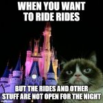 when the Rides are not open | WHEN YOU WANT TO RIDE RIDES; BUT THE RIDES AND OTHER STUFF ARE NOT OPEN FOR THE NIGHT | image tagged in grumpy cat disney | made w/ Imgflip meme maker
