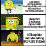 generation slander | Gen Alpha playing Fortnite 24/7 and not being potty trained; Late Gen Z having a mental breakdown after someone didn't call them the correct pronouns; Early Gen Z vaping at age 14 and remembering skate 3; Millennials remembering the Halo 3 days; Gen X not even knowing what a furry is | image tagged in spongebob strength | made w/ Imgflip meme maker