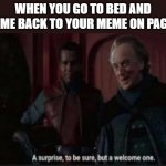 A surprise, to be sure, but a welcome one | WHEN YOU GO TO BED AND COME BACK TO YOUR MEME ON PAGE 1 | image tagged in a surprise to be sure but a welcome one | made w/ Imgflip meme maker