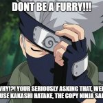 kakashi wants you not to be a furry | DONT BE A FURRY!!! WHY!?! YOUR SERIOUSLY ASKING THAT, WELL BECAUSE KAKASHI HATAKE, THE COPY NINJA SAID SO! | image tagged in hatake kakashi | made w/ Imgflip meme maker