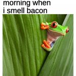 Frog peeking out from leaf | me in the morning when i smell bacon | image tagged in frog peeking out from leaf | made w/ Imgflip meme maker