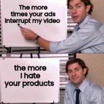 Counterproductive | The more times your ads interrupt my video the more I hate your products | image tagged in jim halpert explains,not working,boring,pete and repeat,again seriously | made w/ Imgflip meme maker