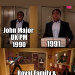 John Major Walks In On Royal Family | 1991…; John Major 
UK PM
1990; Royal Family & 
Windsor Castle 
1992 | image tagged in community troy pizza meme | made w/ Imgflip meme maker