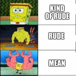 Spongebob Weak vs Strong 5 panels | KIND; KIND OF RUDE; RUDE; MEAN; MEANEST OF ALL | image tagged in spongebob weak vs strong 5 panels | made w/ Imgflip meme maker