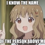 i do. run. | I KNOW THE NAME; OF THE PERSON ABOVE ME | image tagged in the person above me | made w/ Imgflip meme maker