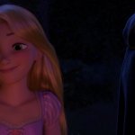 Rapunzel looking happy while Mother Gothel stands behind her