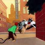 he has a gun | image tagged in sylvester the monkey,sylvester the cat,looney tunes,warner bros,cartoons,gun | made w/ Imgflip meme maker
