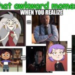 Eda = Hank Pym, Luz = Scott Lang, Amity = Hope van Dyne | WHEN YOU REALIZE; =; =; = | image tagged in that awkward moment | made w/ Imgflip meme maker