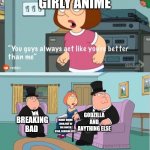 Anything over Girly Anime | GIRLY ANIME BREAKING BAD MANLY ANIME (JOJO,FIST OF THE NORTH STAR, BERSERK ETC.) GODZILLA AND ANYTHING ELSE | image tagged in you guys always act like you're better than me,anime,breaking bad,jojo's bizarre adventure,godzilla,memes | made w/ Imgflip meme maker