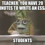 Ananas writing | TEACHER: YOU HAVE 20 MINUTES TO WRITE AN ESSAY; STUDENTS | image tagged in ananas writing | made w/ Imgflip meme maker