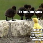 Female ENTP Pain | Fe dom/aux types; Female ENTP
being able use Fe
but never really
being "Fe enough"
for other girls | image tagged in left out duck,mbti,myers briggs,entp,personality,fe | made w/ Imgflip meme maker