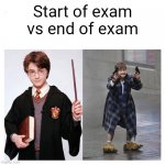 Exams be like | Start of exam vs end of exam | image tagged in harry vs harry,exams,test,gun,guns | made w/ Imgflip meme maker