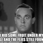 Hide & seek for flies | I HID SOME FRUIT UNDER MY TABLE AND THE FLIES STILL FOUND IT | image tagged in shocked face | made w/ Imgflip meme maker
