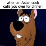 Scoob pov | when an Asian cook calls you over for dinner: | image tagged in scooby doo surprised,memes,dark humor | made w/ Imgflip meme maker