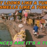 "If it looks like a turd and smells like a turd... chances are it's a turd". | "IF IT LOOKS LIKE A TURD AND SMELLS LIKE A TURD... CHANCES ARE IT'S A TURD". | image tagged in india's slum dwellers | made w/ Imgflip meme maker