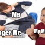 When you remember a thing you did in the past and regret it. | Me; Younger Me; My Memories | image tagged in kids fighting,memories,cringe,cringe memories | made w/ Imgflip meme maker