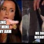 You can never stop me | MY FAMILY TELLING ME TO NOT DRAW MINI LIGHTSABERS ON MY ARM; ME DOING IT ANYWAY BECAUSE I DON'T CARE | image tagged in cat gets yelled at | made w/ Imgflip meme maker