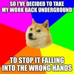 The jilted generation | SO I'VE DECIDED TO TAKE MY WORK BACK UNDERGROUND; TO STOP IT FALLING INTO THE WRONG HANDS | image tagged in memes,advice doge | made w/ Imgflip meme maker