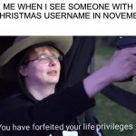 i have very strong opinions on this | ME WHEN I SEE SOMEONE WITH A CHRISTMAS USERNAME IN NOVEMBER | image tagged in you have forfeited life privileges,christmas,november | made w/ Imgflip meme maker