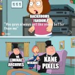 You Guys always act like you're better than me | BACKROOMS FANDOM LIMINAL ARCHIVES WIKIDOT KANE PIXELS | image tagged in you guys always act like you're better than me,backrooms,the backrooms,fandom | made w/ Imgflip meme maker