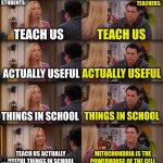 The School System | STUDENTS:; TEACHERS:; TEACH US; TEACH US; ACTUALLY USEFUL; ACTUALLY USEFUL; THINGS IN SCHOOL; THINGS IN SCHOOL; TEACH US ACTUALLY USEFUL THINGS IN SCHOOL; MITOCHONDRIA IS THE POWERHOUSE OF THE CELL | image tagged in joey repeat after me,schools,memes | made w/ Imgflip meme maker