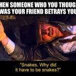 Indiana Jones Why'd It Have to be Snakes | WHEN SOMEONE WHO YOU THOUGHT WAS YOUR FRIEND BETRAYS YOU; “Snakes. Why did it have to be snakes?” | image tagged in indiana jones why'd it have to be snakes | made w/ Imgflip meme maker