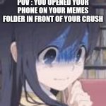 I hope it happened to nobody | POV : YOU OPENED YOUR PHONE ON YOUR MEMES FOLDER IN FRONT OF YOUR CRUSH | image tagged in oops,well f ck,phone,gone wrong,funny,memes | made w/ Imgflip meme maker