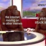 please just move on | funny sus meme; the internet moving on to other memes; 9 year olds stuck in 2020 | image tagged in where banana blank | made w/ Imgflip meme maker