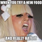 Lady gaga gagging | WHEN YOU TRY A NEW FOOD; AND REALLY HATE IT | image tagged in lady gaga gagging | made w/ Imgflip meme maker