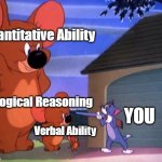 confusing which one easier | Quantitative Ability; Logical Reasoning; YOU; Verbal Ability | image tagged in tom and jerry elephant | made w/ Imgflip meme maker