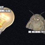 homework meme | LITERALLY DOING ANYTHING ELSE; ME NEEDING TO DO HOMEWORK | image tagged in moth and lamp | made w/ Imgflip meme maker