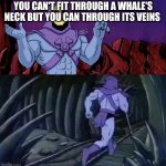 Skeletor says something then runs away | YOU CAN'T FIT THROUGH A WHALE'S NECK BUT YOU CAN THROUGH ITS VEINS | image tagged in skeletor says something then runs away,whale,heart,neck,whales,fun fact | made w/ Imgflip meme maker