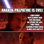 Takes one to know one, Obi-Wan | ANAKIN, PALPATINE IS EVIL! I WAS BORN INTO SLAVERY AND YOU JEDI MADE ME SPEND THE LAST TWO YEARS LEADING OTHER CHILD SLAVES INTO BATTLE! ...WELL, YOU'RE UGLY! | image tagged in from my point of view,star wars,slavery | made w/ Imgflip meme maker