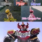 Streaming Service Megazord: Disney+ | Pixar; Disney; Marvel; 20th Century Fox; Star Wars; Disney+ | image tagged in mighty morphing power rangers summon the megazord,pixar,disney,marvel,star wars,20th century fox | made w/ Imgflip meme maker