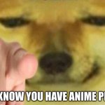 you | I KNOW YOU HAVE ANIME PFP | image tagged in pointing doge | made w/ Imgflip meme maker