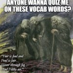 witchy vocab quiz | ANYONE WANNA QUIZ ME 
ON THESE VOCAB WORDS? "Fair is foul and 
Foul is fair
Hover through fog 
And Filthy air." | image tagged in witchy vocab quiz | made w/ Imgflip meme maker