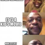 Image Title | WE ARE WATCHING A MOVIE FOR THE LAST TWO PERIODS; IT IS A KID'S MOVIE; HERE'S A LIST OF QUESTIONS YOU HAVE TO COMPLETE ABOUT THE MOVIE | image tagged in happy sad sadder | made w/ Imgflip meme maker