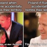 Bem bem! | Poland when Ukraine accidentally bombs their territory; Poland if Russia accidentally bombs their territory | image tagged in gordon ramsey talking to kids vs talking to adults,russia,poland,bomb,ukraine | made w/ Imgflip meme maker