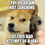 Dog holding gun | PAY UP OR AM NOT LAUGHING; AT THIS BAD ATTEMPT OF A JOKE | image tagged in dog holding gun | made w/ Imgflip meme maker