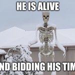 RISE MY FELLOW SOILDERS! | HE IS ALIVE; AND BIDDING HIS TIME | image tagged in snowy skeleton,spooky scary skeleton,waiting skeleton,spooky month | made w/ Imgflip meme maker