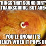 Things That Sound Dirty At Thanksgiving (Part 3) | THINGS THAT SOUND DIRTY AT THANKSGIVING, BUT AREN'T:; YOU'LL KNOW IT'S READY WHEN IT POPS UP. | image tagged in turkey thermometer,thanksgiving,funny,double entendre,pun | made w/ Imgflip meme maker