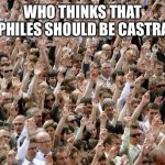 Who Thinks? | WHO THINKS THAT PEDOPHILES SHOULD BE CASTRATED? | image tagged in people raising hands,pedophiles,castration,raise hands,question | made w/ Imgflip meme maker