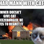Dhar Mann with cats | DHAR MANN WITH CATS:; OWNER DOESN'T GIVE CAT CHEEZEBURGER, HE LIVES TO REGRET IT | image tagged in memes,burn kitty,grumpy cat | made w/ Imgflip meme maker