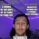 You recieve I recieve | ABSOLUTELY NOTHING BUT A TERRIBLE SLEEP SCHEDULE; 6 HOURS OF 180 DAYS OF 18 YEARS OF YOUR LIFE; SCHOOLS | image tagged in you recieve i recieve | made w/ Imgflip meme maker