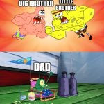 Dads be like | BIG BROTHER; LITTLE BROTHER; DAD | image tagged in spongebob and patrick fighting with plankton cheering them,spongebob squarepants,patrick star,plankton,nickelodeon | made w/ Imgflip meme maker