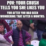The Most Annoying Thing To Be | POV: YOUR CRUSH TELLS YOU SHE LIKES YOU; YOU AFTER YOU HAD BEEN WONDERING THAT AFTER 6 MONTHS: | image tagged in disappointed muhammad sarim akhtar | made w/ Imgflip meme maker