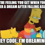 Hey Cool, I'm dreaming - The feeling of entering a dream | THE FEELING YOU GET WHEN YOU ENTER A DREAM AFTER FALLING ASLEEP; HEY COOL, I'M DREAMING | image tagged in bart simpson | made w/ Imgflip meme maker