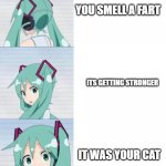 mega cat fart go brr | YOU SMELL A FART; ITS GETTING STRONGER; IT WAS YOUR CAT | image tagged in hatsune miku,meow,cat fart,fart | made w/ Imgflip meme maker